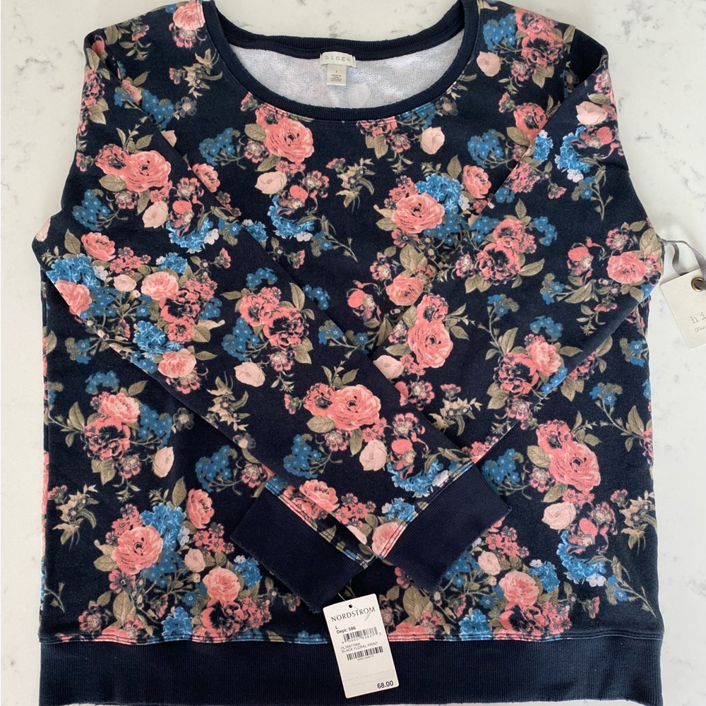 NEW HINGE NAVY FLORAL PRINT SWEATSHIRT SIZE LARGE
